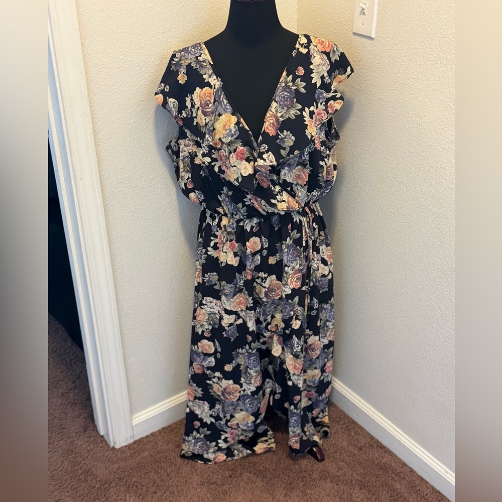 Mai Tai Navy Blue Floral Wrap Dress Ruffles Flowy Flutter Sleeve Size 1X